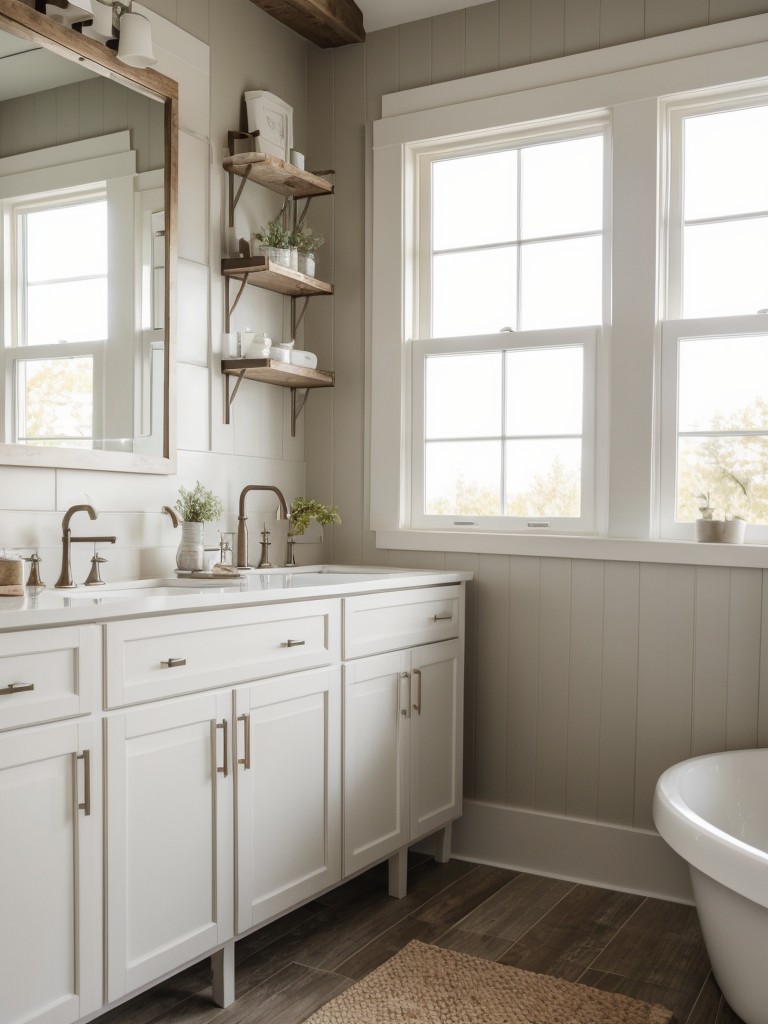 Modern farmhouse bathroom decor using a combination of rustic elements, neutral color palette, and clean lines for a cozy yet contemporary feel.