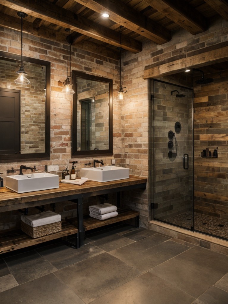 Rustic bathroom design with exposed brick walls, reclaimed wood accents, and industrial-style lighting.