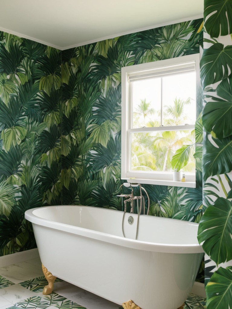 Tropical-themed bathroom decor using vibrant colors, lush greenery, and playful patterns to evoke a vacation vibe.