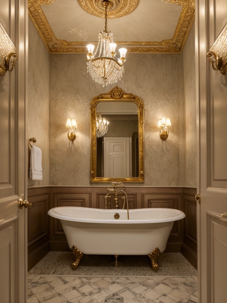 Victorian-inspired bathroom design featuring ornate wallpaper, elegant chandeliers, and lavish detailing for a touch of opulence.