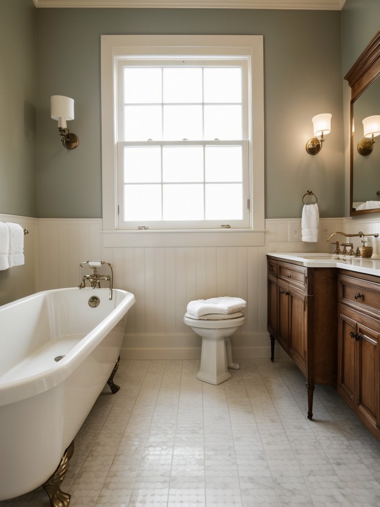 Vintage-inspired bathroom decor with delicate porcelain fixtures, classic clawfoot tub, and antique vanity.