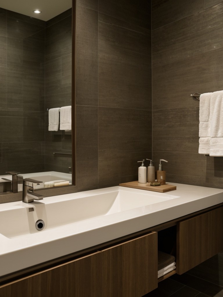 Zen bathroom aesthetics with calming earth tones, natural materials, and a focus on simplicity and relaxation.