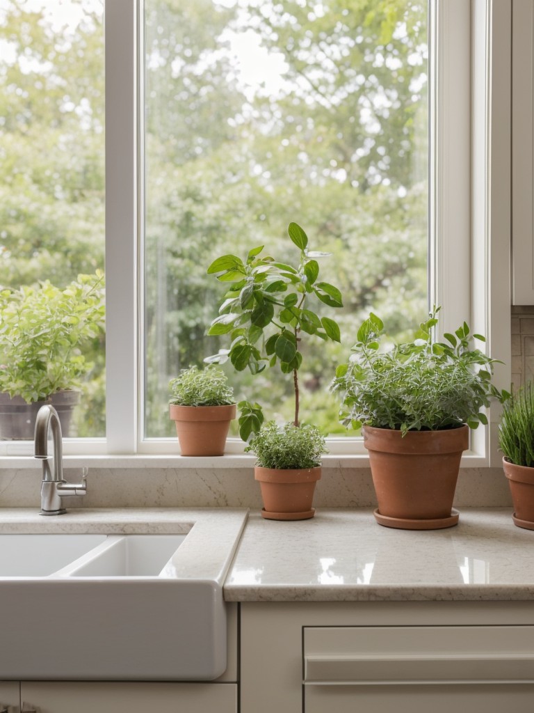 Bring in natural elements by adding fresh herbs or small potted plants to your kitchen windowsill or countertops.