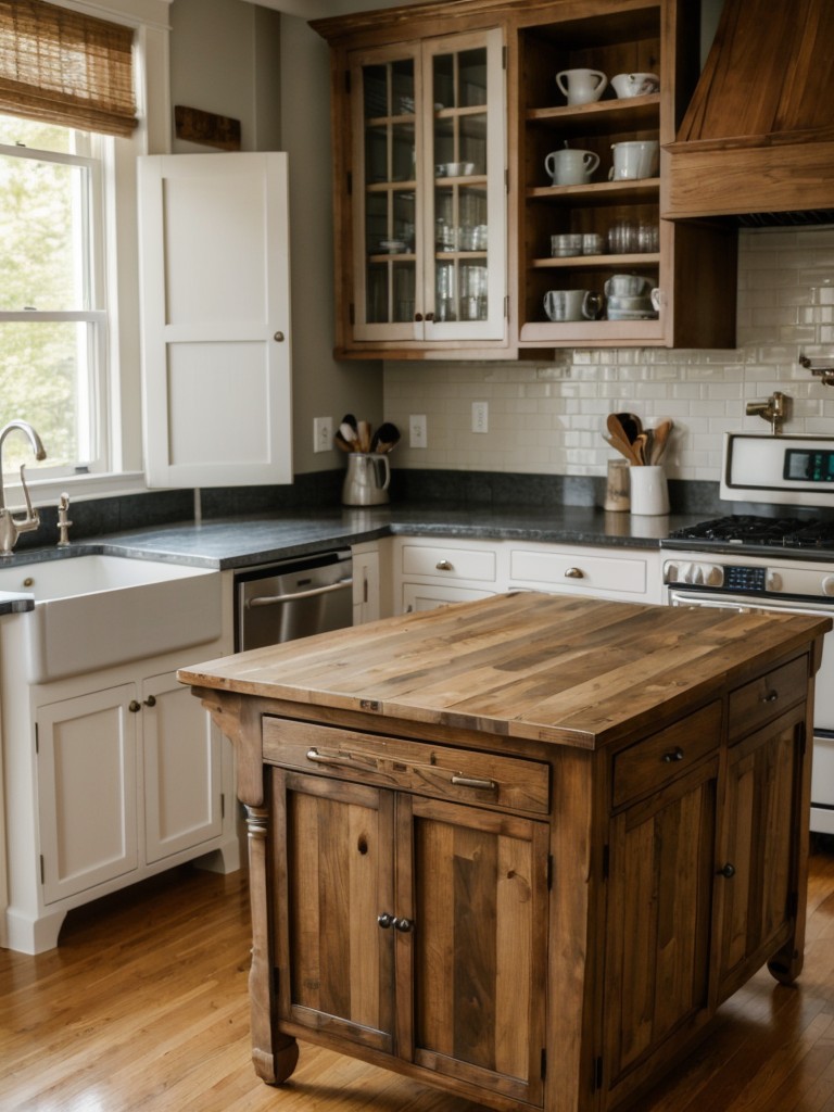 Consider repurposing an old piece of furniture, such as a dresser or a sideboard, into a unique kitchen island or extra storage.