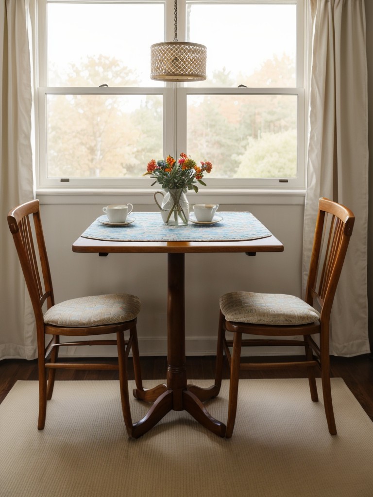 Create a cozy breakfast nook with a vintage-style table and chairs, complete with patterned seat cushions and a colorful tablecloth.