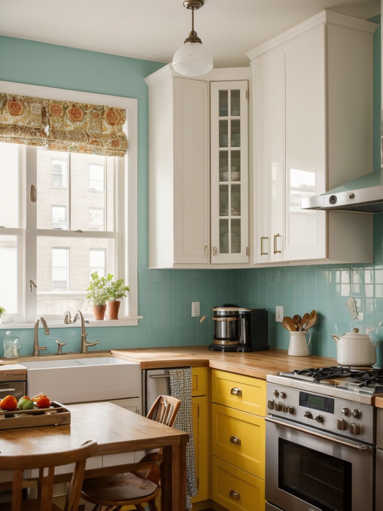 Don't be afraid to mix and match patterns and colors to create a playful and eclectic atmosphere in your old apartment kitchen.