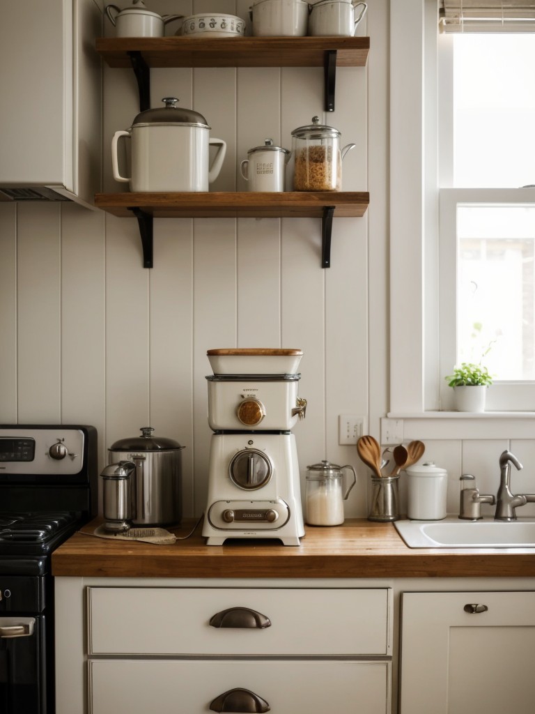 Incorporate nostalgic kitchen gadgets, like manual hand mixers or retro-inspired toasters, to further enhance the vintage atmosphere in your old apartment kitchen.