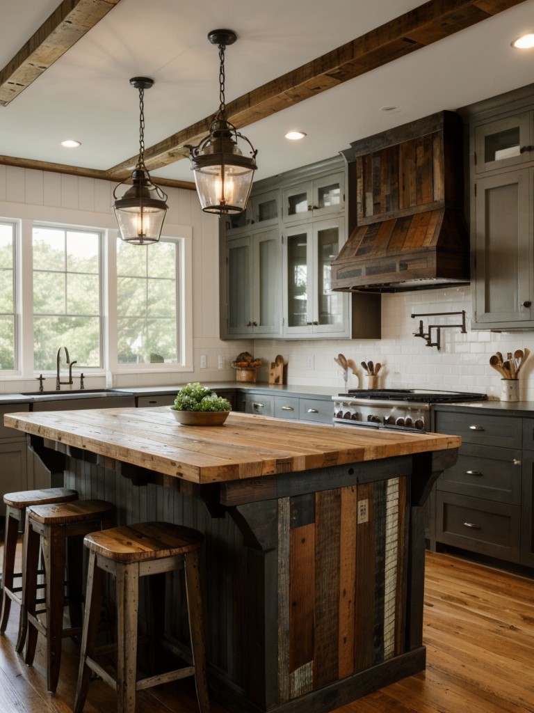 Incorporate salvaged or reclaimed materials, like reclaimed wood countertops or vintage light fixtures, for a one-of-a-kind kitchen design.