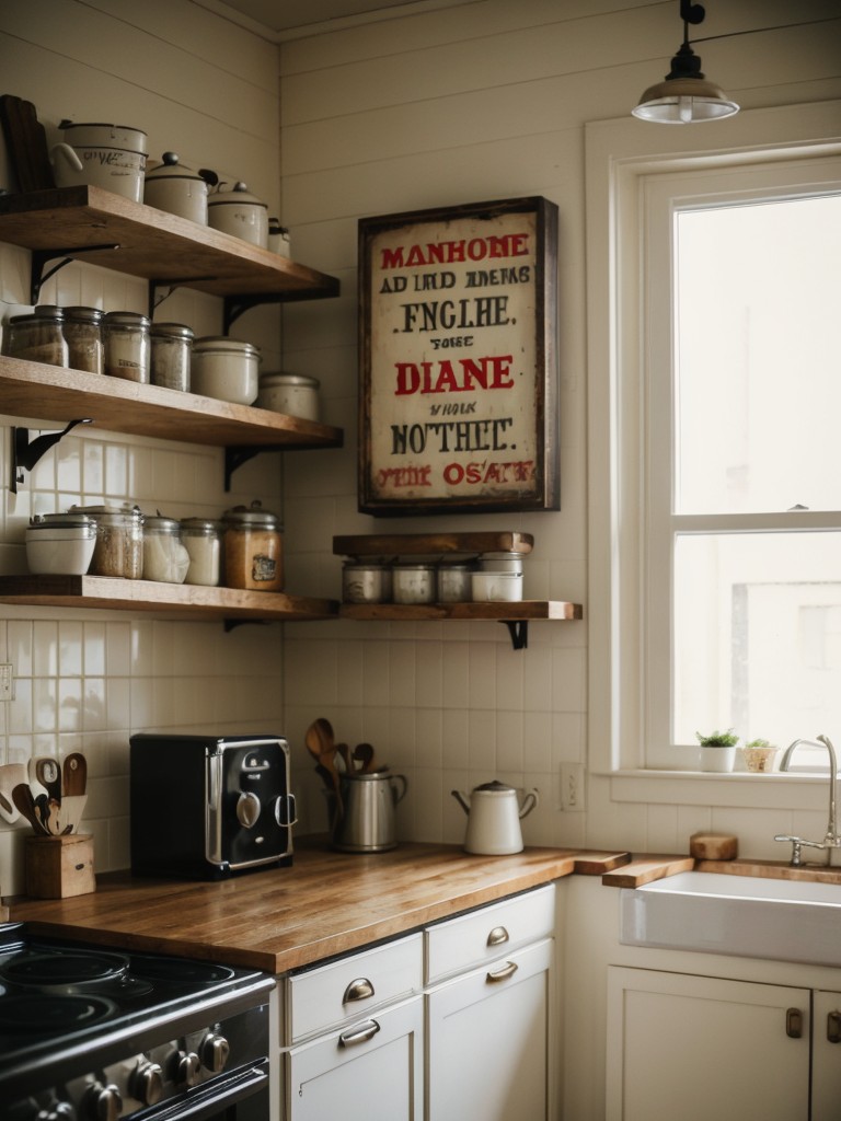 Incorporate vintage signage or artwork to add a touch of nostalgia and personality to your old apartment kitchen.
