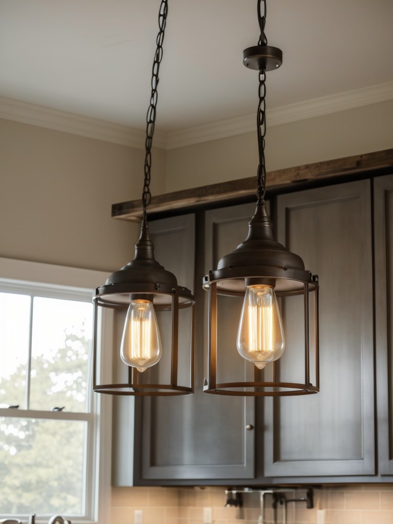 Install a creative lighting fixture, like a chandelier made from repurposed materials, to make a statement in your kitchen.
