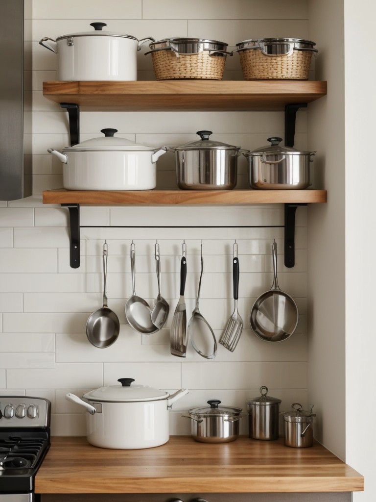 Maximize storage options by using hooks or shelves on the walls to hang pots, pans, and utensils.