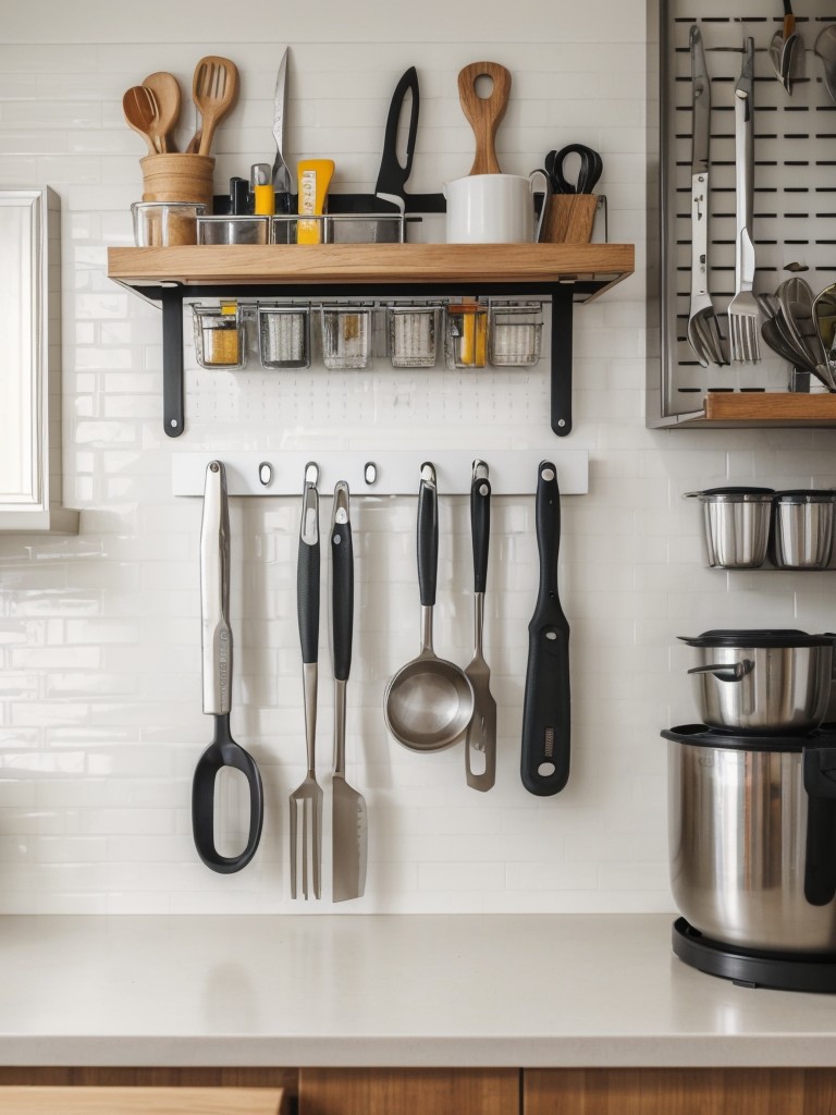 Utilize wall space by hanging a pegboard or a magnetic knife rack for easy access to your kitchen tools.
