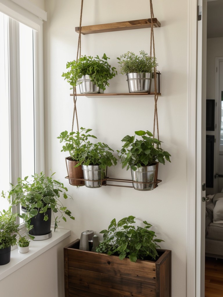 Experiment with hanging planters to add greenery to your one-bedroom apartment without taking up valuable floor space.
