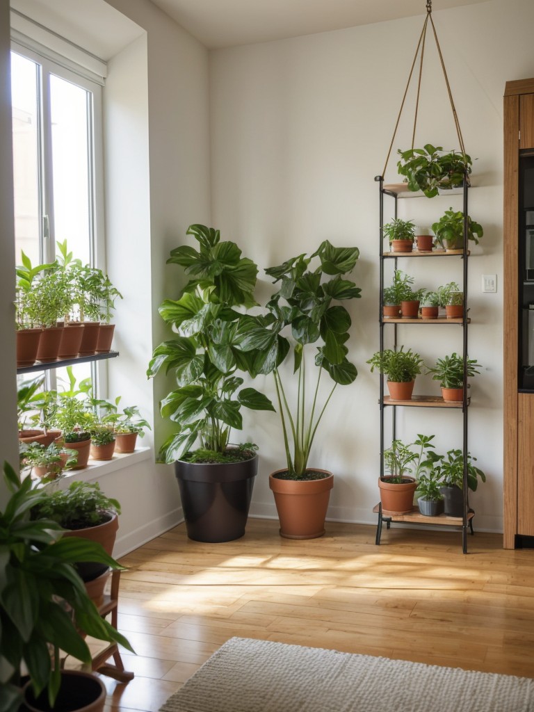 Introduce a small indoor garden to your one-bedroom apartment with potted plants or hanging planters to add a refreshing touch of nature.