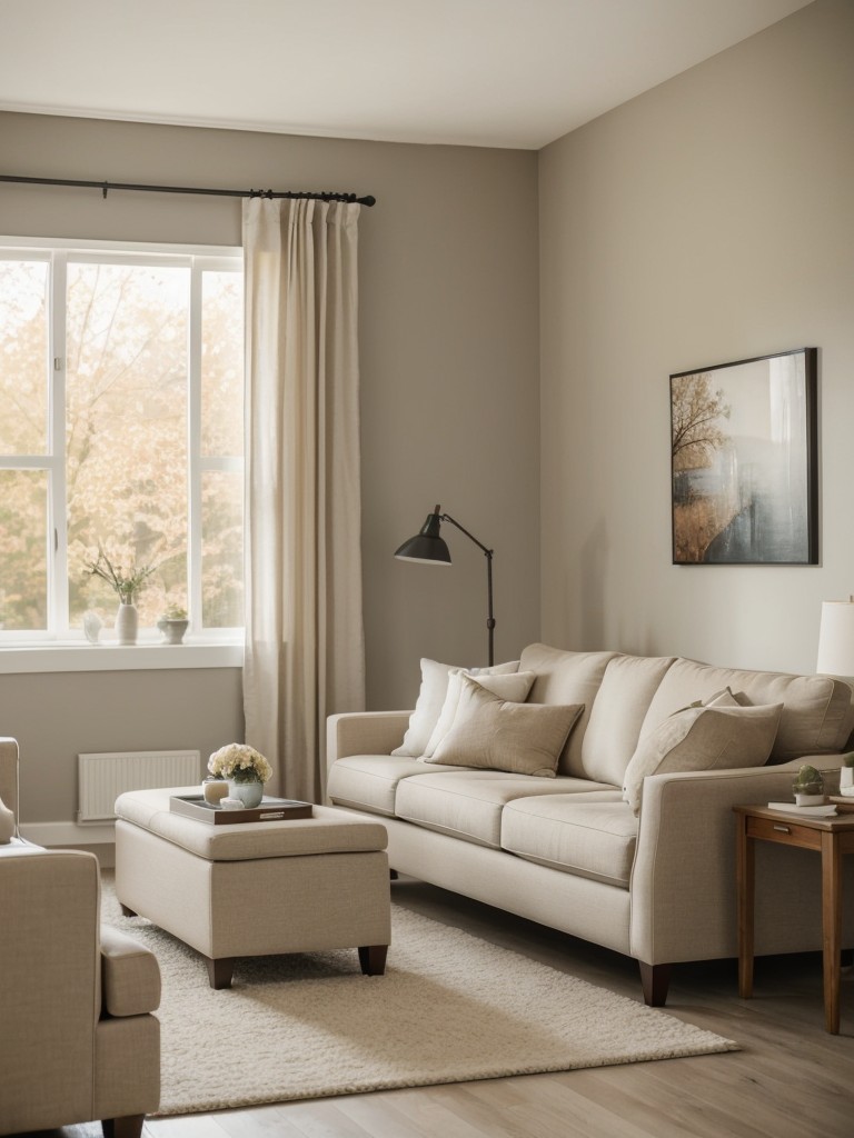 Use a neutral color scheme for your living room area to create a visually cohesive and relaxing atmosphere.