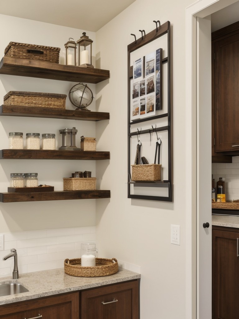 Utilize vertical space by installing floating shelves or wall-mounted hooks for additional storage and display opportunities.