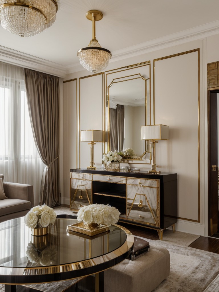 Art Deco-inspired furniture choices to create a glamorous and sophisticated atmosphere in a one-bedroom apartment.