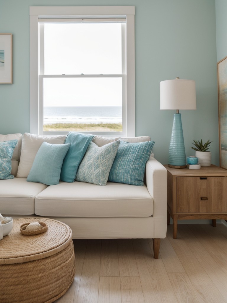 Beach-inspired furniture ideas for a relaxed and coastal vibe in a one-bedroom apartment.
