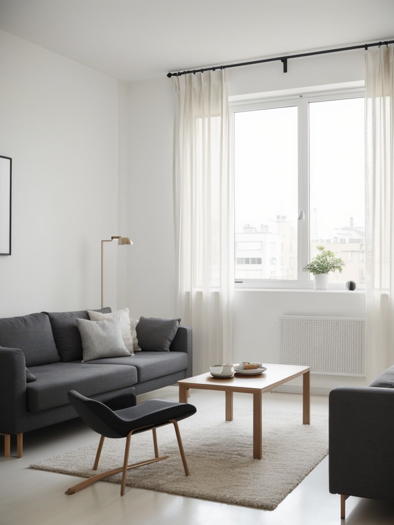 Contemporary minimalistic furniture pieces to create an airy and open feel in a one-bedroom apartment.