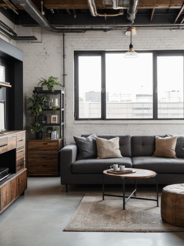 Industrial furniture and decor elements to achieve a chic and urban look in a one-bedroom apartment.