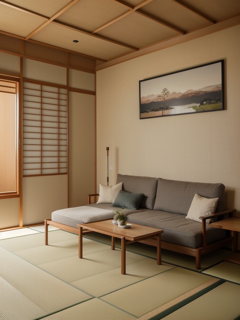 Japanese-inspired furniture and decor suggestions to create a peaceful and Zen-like atmosphere in a one-bedroom apartment.