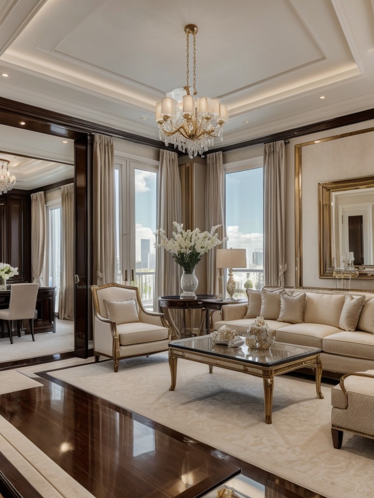 Luxurious furniture pieces and upscale decor suggestions for a lavish one-bedroom apartment.