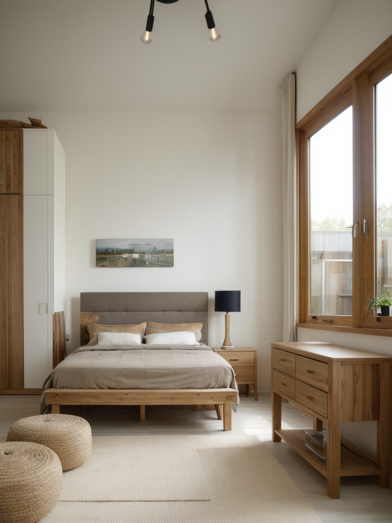 Natural and sustainable furniture choices for an eco-friendly one-bedroom apartment.