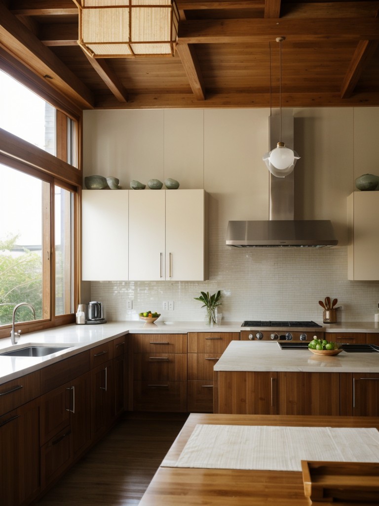 Asian-inspired kitchen design with clean lines, minimalist decor, and natural materials like bamboo or rice paper lanterns, promoting a sense of tranquility and harmony.