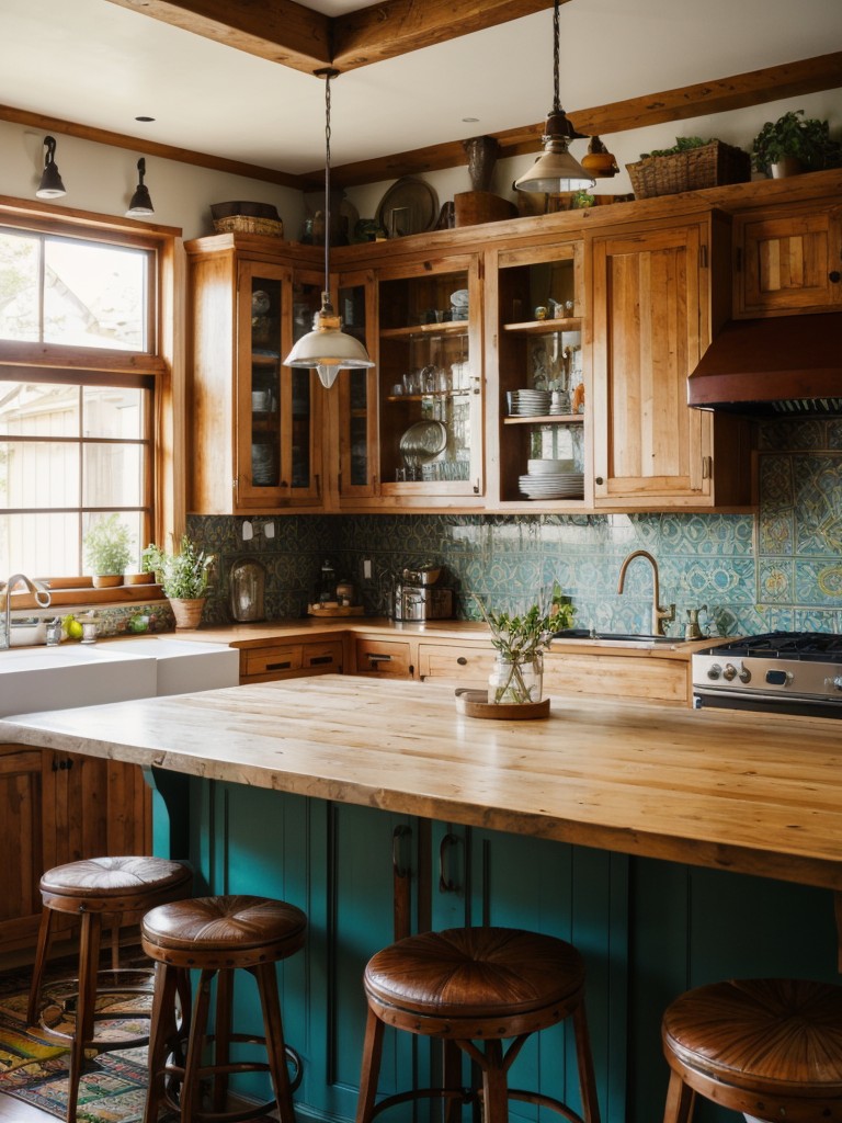 Bohemian-style kitchen design with vibrant patterns, mixed textures, and eclectic artwork, creating a cozy and laid-back atmosphere with a global influence.