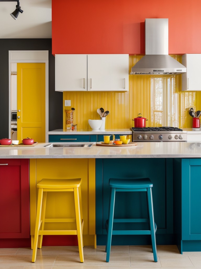 Bold and vibrant kitchen color palette, incorporating pops of color through accessories and decor to create a lively and energetic atmosphere.