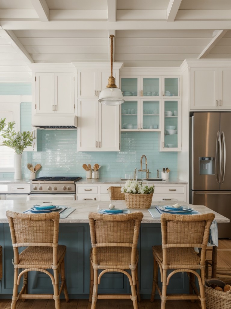 Coastal-inspired kitchen with light-colored cabinets, nautical decor, and natural elements like seashells or rattan furniture, evoking a relaxed and beachy vibe.