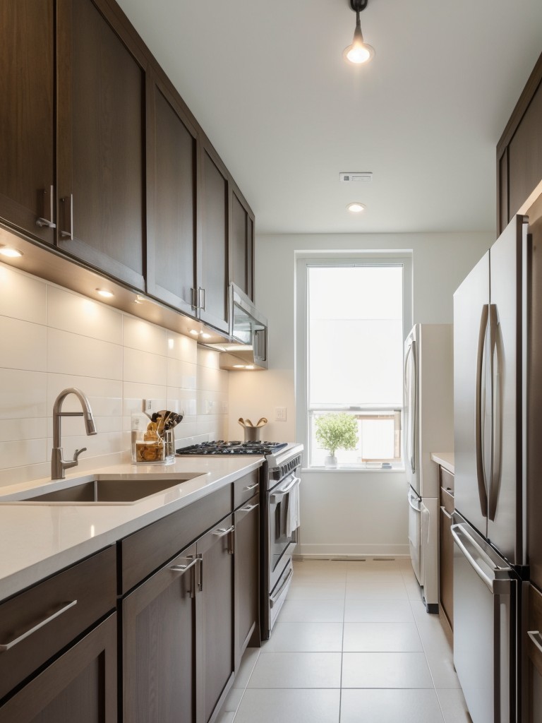 Compact kitchen with clever space-saving solutions, such as a pull-out pantry, foldable countertops, or a built-in cutting board, to make the most out of limited square footage.