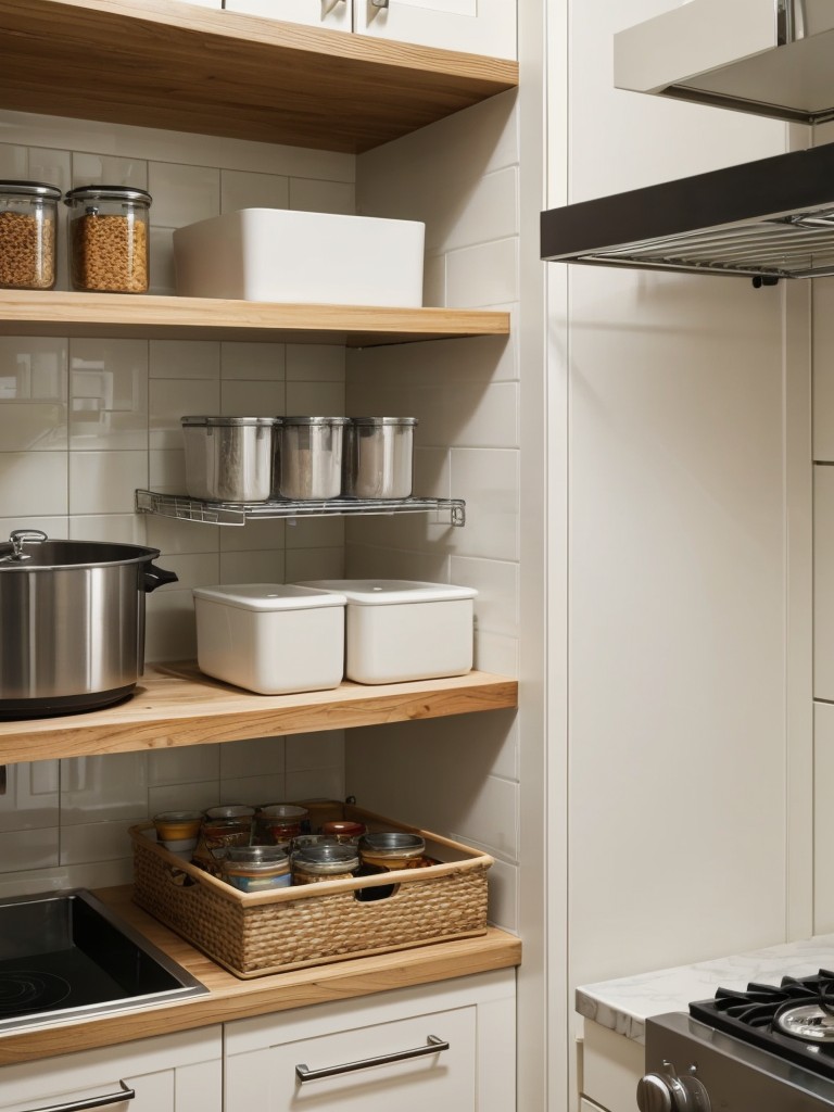 Creative storage solutions in the kitchen, such as utilizing vertical space with floating shelves or installing a pot rack, to optimize functionality in a compact one-bedroom apartment.