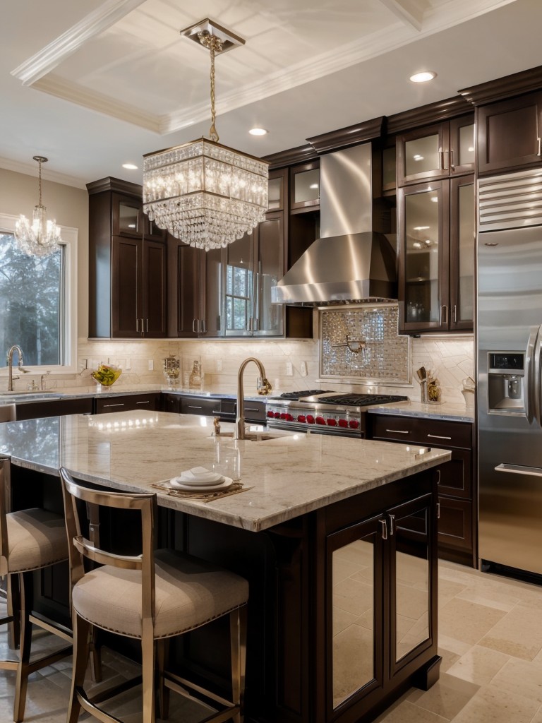 Glamorous kitchen design with high-end finishes, mirrored backsplash, and crystal chandeliers, adding a touch of elegance and luxury to the space.