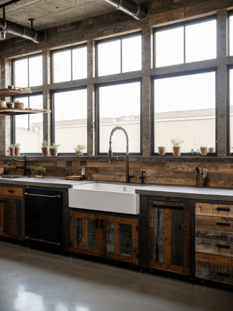 Industrial-chic kitchen with concrete countertops, exposed pipes, and reclaimed wood elements, combining urban and rustic aesthetics for a unique and trendy space.