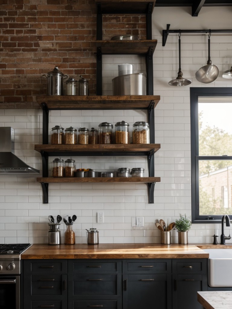 Industrial-style kitchen with exposed brick walls, metal fixtures, and open shelves for a contemporary and edgy look.