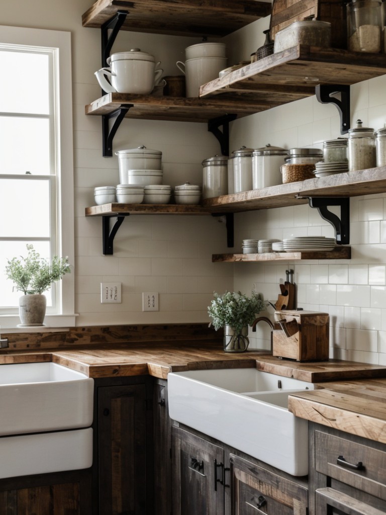 Modern farmhouse kitchen with distressed wood accents, a farmhouse sink, and open shelves for displaying vintage kitchenware, combining rustic charm with contemporary style.