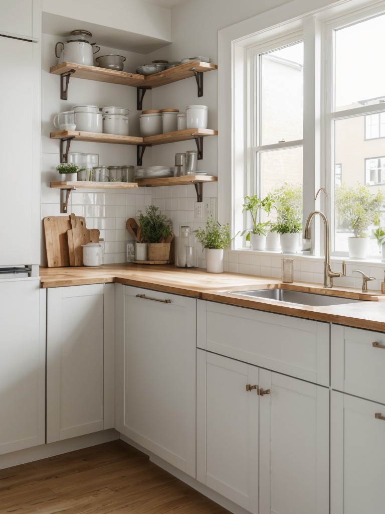 Scandinavian-inspired kitchen with light-colored cabinets, open shelving, and a focus on natural light, creating a bright and airy ambiance in a small one-bedroom apartment.