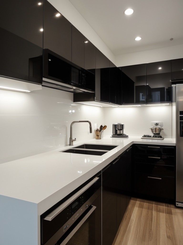 Sleek and modern kitchen with high-gloss cabinets, quartz countertops, and state-of-the-art appliances, creating a luxurious and stylish atmosphere.