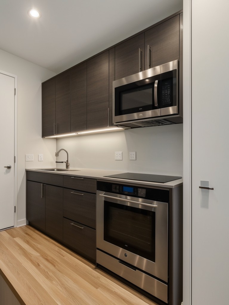 Smart kitchen layout with efficient appliances, built-in storage options, and a dedicated workspace, maximizing functionality and practicality in a small one-bedroom apartment.