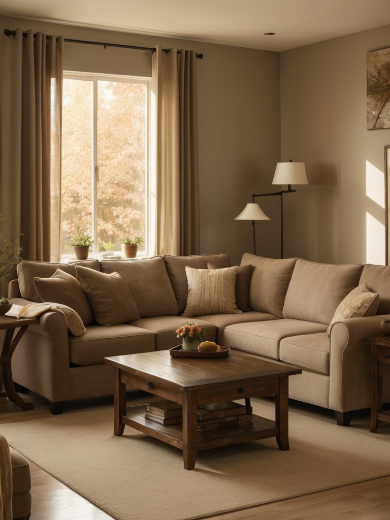 Create a cozy ambiance with plush furniture, soft lighting, and warm earth tones.