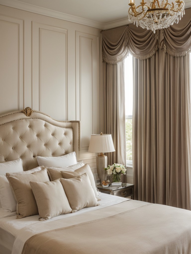 Add a touch of luxury with a statement chandelier, luxurious curtains, or an upholstered headboard.