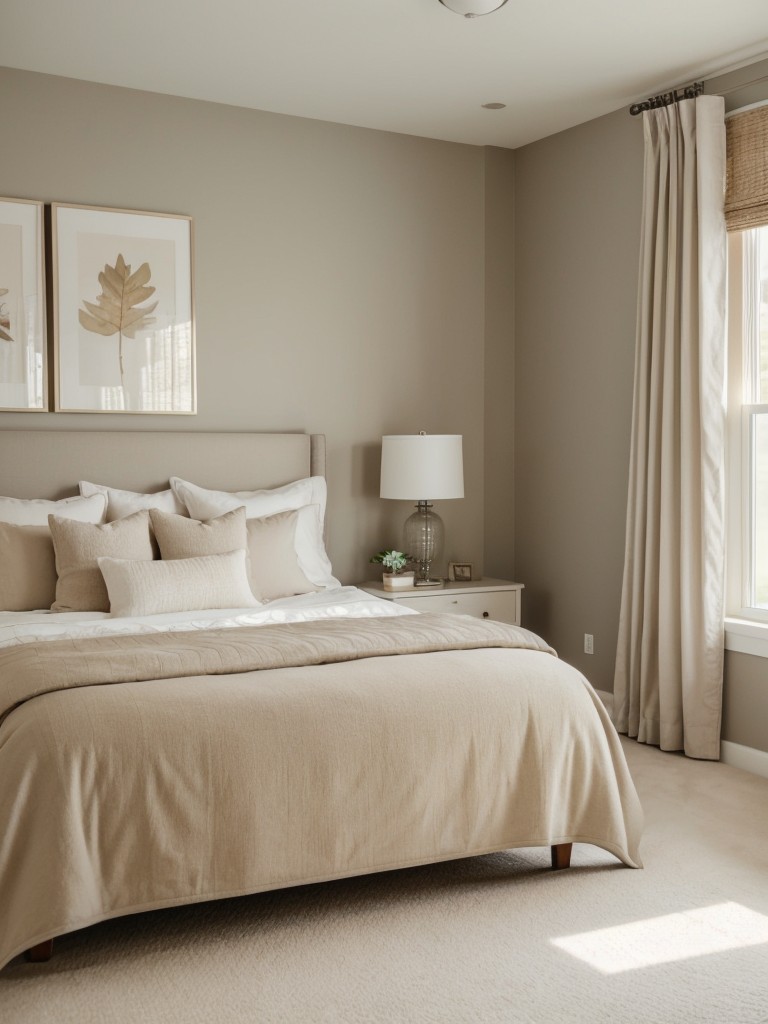 Cozy and inviting bedroom with a neutral color palette, plush bedding, and soft lighting for a tranquil atmosphere.