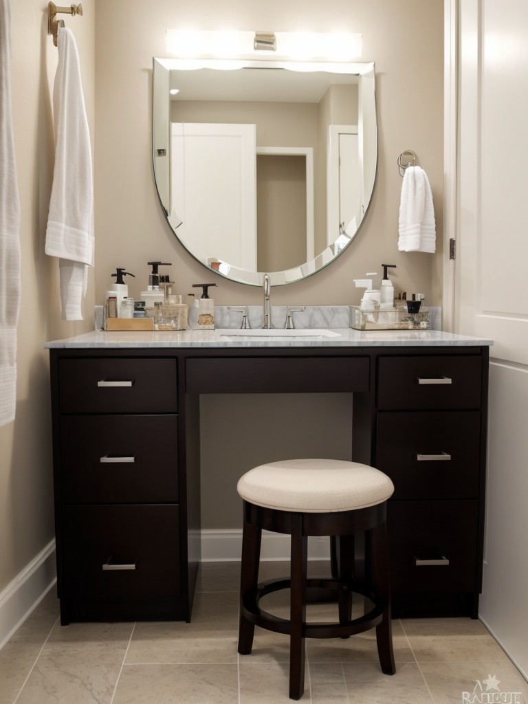 Incorporate a mini vanity area with a small mirror, storage containers for makeup, and a comfortable stool or chair.