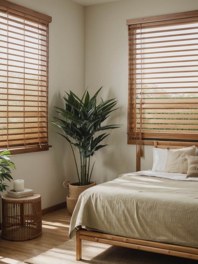Incorporate natural elements with indoor plants, bamboo blinds, or a rattan bed frame for a calming vibe.