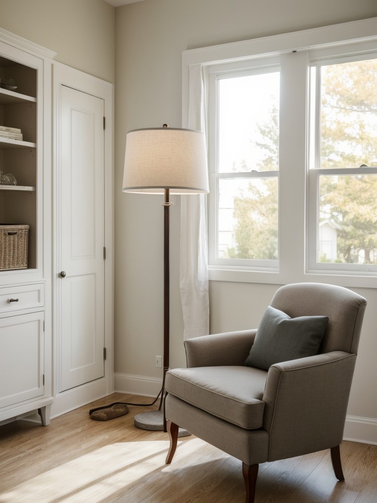 Incorporate a small seating area or a reading nook with a comfortable chair and a floor lamp for relaxation.