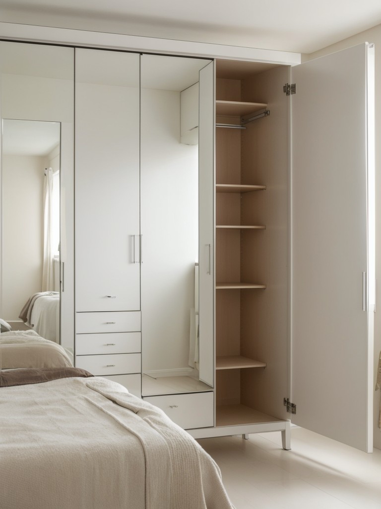 Use a light-colored or mirrored wardrobe to brighten up the space and make the room appear larger.
