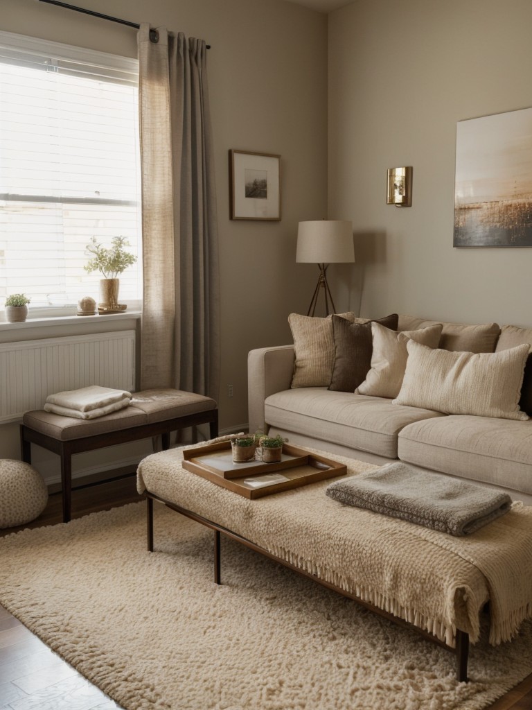 Create a cozy and inviting atmosphere in your one bedroom apartment by incorporating warm lighting, textured fabrics, and plush rugs.