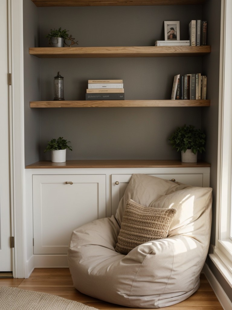 Create a cozy reading nook in your one bedroom apartment by installing a comfortable chair or bean bag, a small bookshelf, and good lighting.
