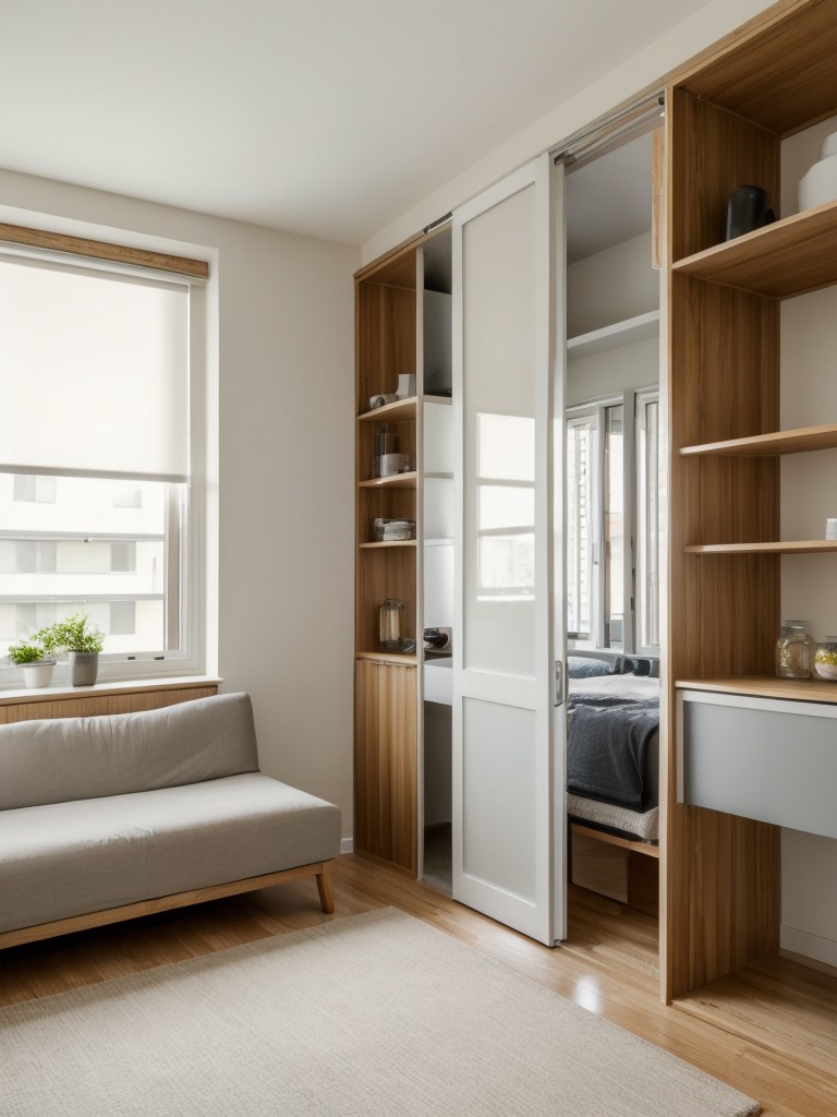 Create designated zones in your one bedroom apartment by utilizing room dividers or open shelving to separate the living, dining, and sleeping areas.